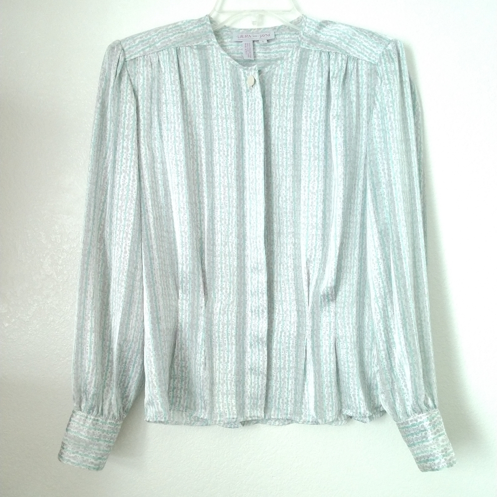 Pretty Vintage Blouse Laura and Jayne Green Purple Gray Stripe & Dot Size 6